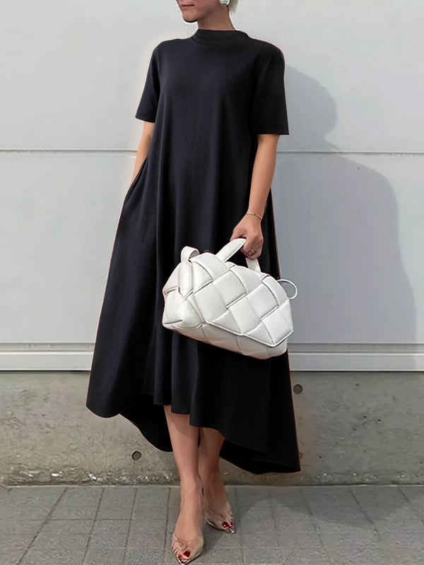 Solid Color Maxi Dresses with High-Low Short Sleeves