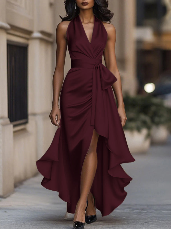 V-Neck Maxi Dress with High-Low Hem, Loose Fit, Ruffle Trim, and Tied Waist in Solid Colors