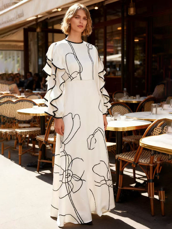 Maxi Dress with Ruffled Floral Print, Hollow Design, and Contrast Colors