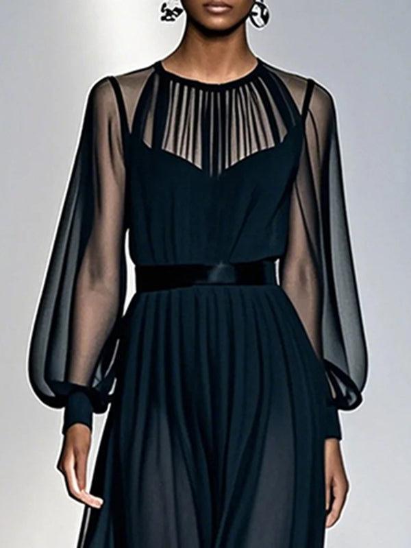 Sheer Pleated Maxi Dress with Round Neck and Loose Gauze Design