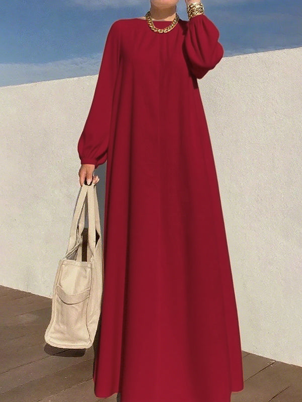 Long Sleeves Loose Pleated Solid Color Zipper Round-Neck Maxi Dresses