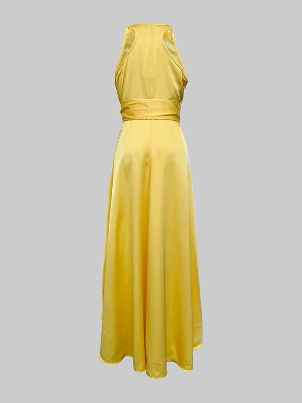 V-Neck Maxi Dress with High-Low Hem, Loose Fit, Ruffle Trim, and Tied Waist in Solid Colors