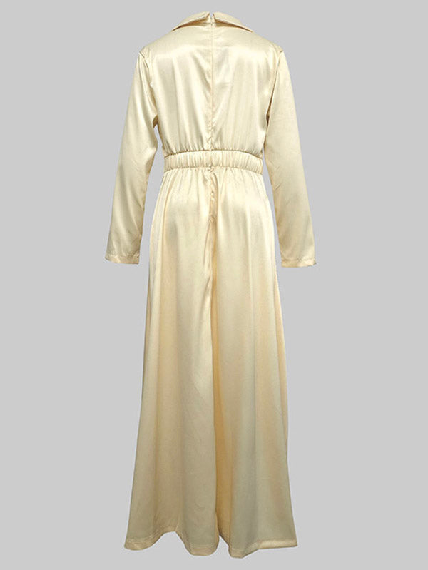 Solid Color V-Neck Maxi Dress with High Waisted A-Line Pleats