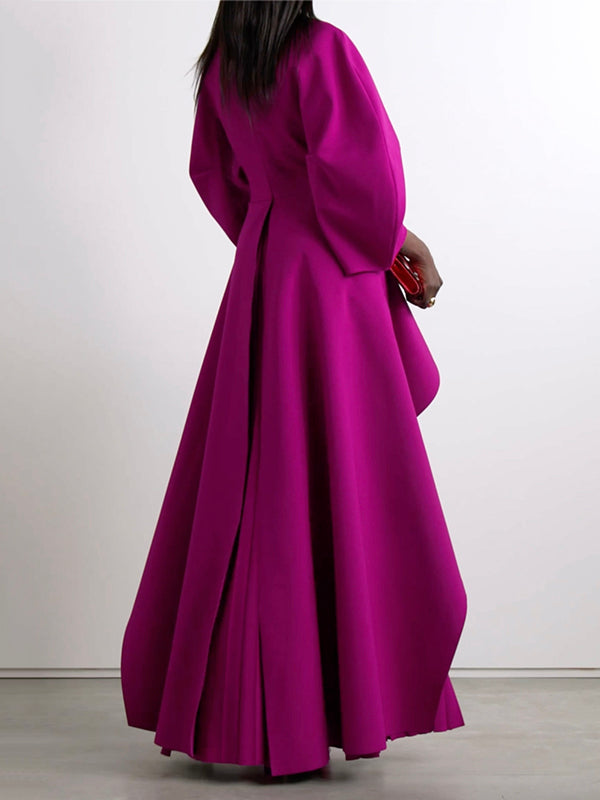 Maxi Dress with Long Sleeves, Loose Fit, Pleated Design, Solid Color, Split-Joint, and Tiered Round Neck