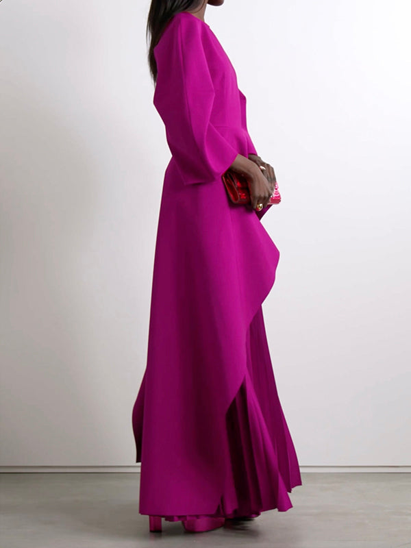 Maxi Dress with Long Sleeves, Loose Fit, Pleated Design, Solid Color, Split-Joint, and Tiered Round Neck