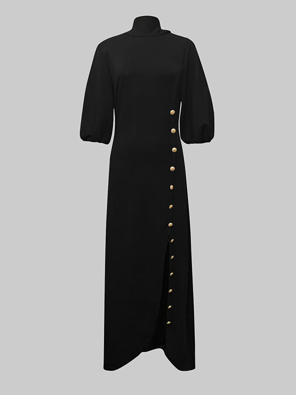 Maxi Dress with Loose Puff Sleeves, Button Closure, and Split-Side Mock Neck