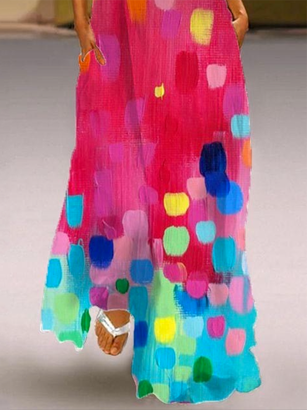 Flowy Sleeveless V-Neck Maxi Dress with Contrast Color Print