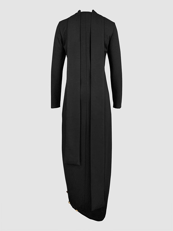 Long Sleeve Asymmetric Button-Up Mock Neck Maxi Dress with Side Slits
