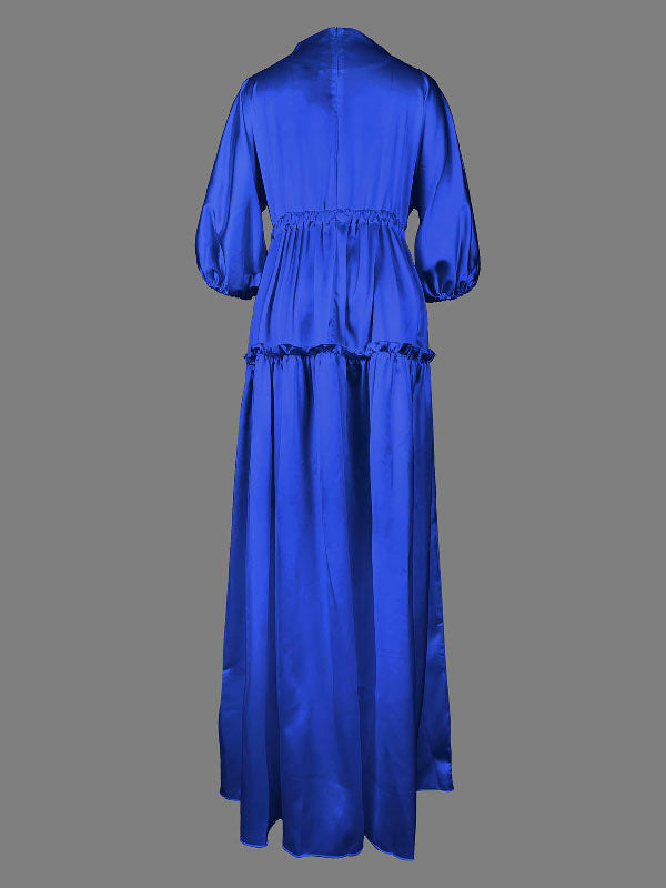 High Waisted Puff Sleeves Falbala Solid Color V-Neck Maxi Dresses