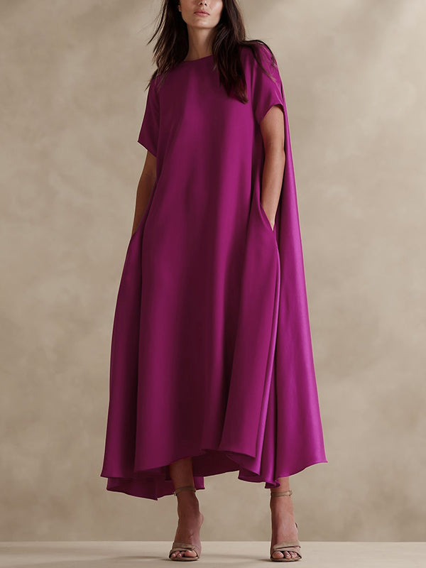 Loose Short Sleeves Pockets Solid Color Round-Neck Maxi Dresses