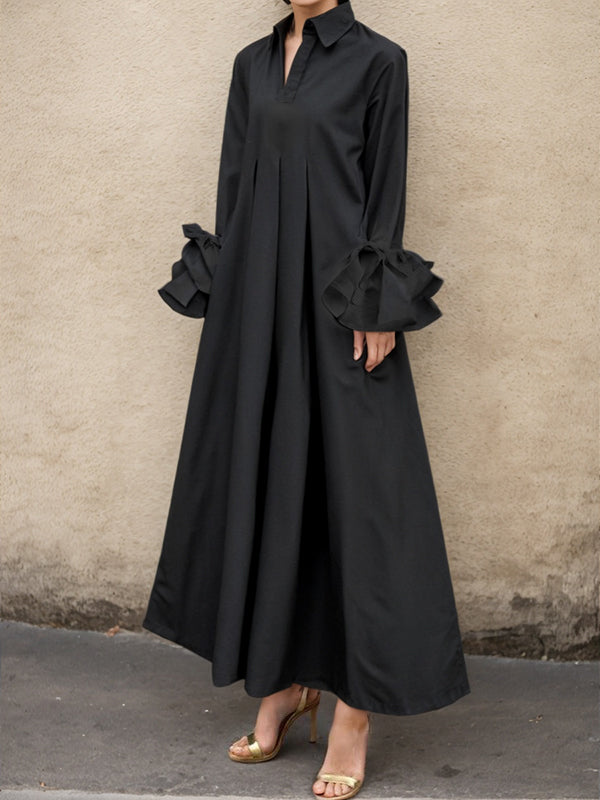 Maxi Shirt Dress with Flared Sleeves, Pleated Design, and Split-Joint Lapel in Solid Color