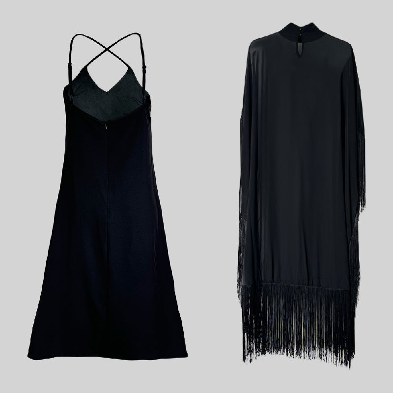 Loose-Fitting Maxi Dress with Batwing Sleeves, Sheer Fabric, Solid Color, and Tasseled Mock Neck