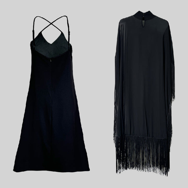 Loose-Fitting Maxi Dress with Batwing Sleeves, Sheer Fabric, Solid Color, and Tasseled Mock Neck