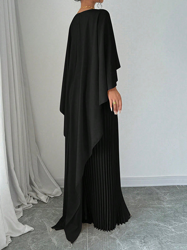 Maxi Evening Dress with Cape, High-Low Pleats, Solid Color, and Split Joint Round Neck