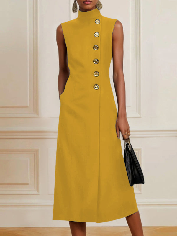 Loose Sleeveless Asymmetric Split-Joint High Neck Midi Dresses