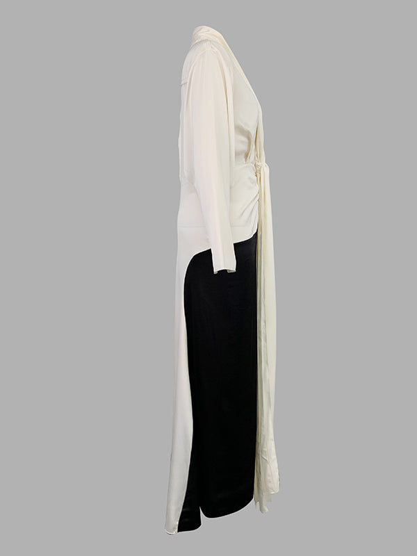 V-Neck Evening Maxi Dress with Long Sleeves and Contrast Color Design