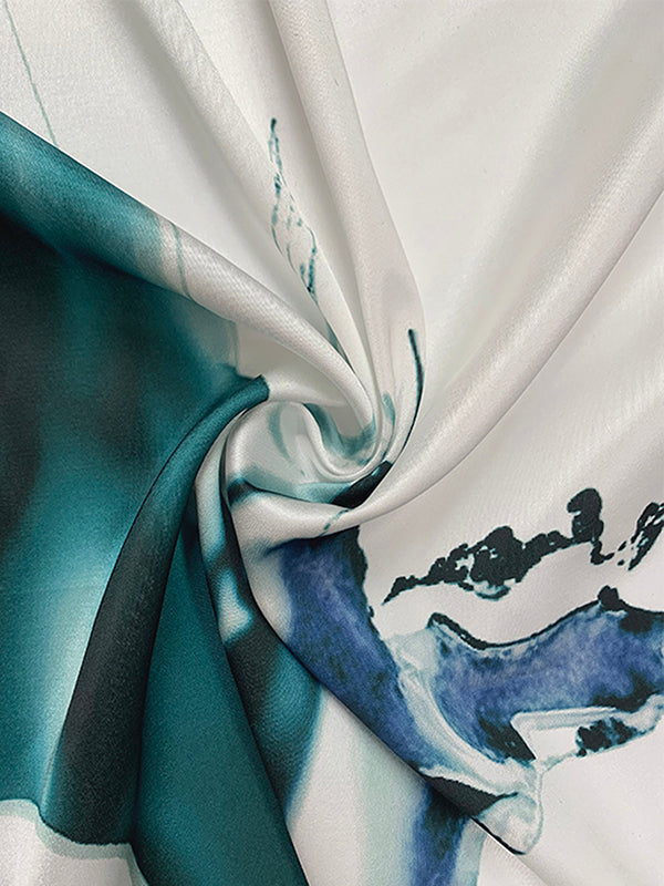 V-Neck Maxi Dress with Batwing Sleeves, Loose Fit, Printed Design, and Tied Waist