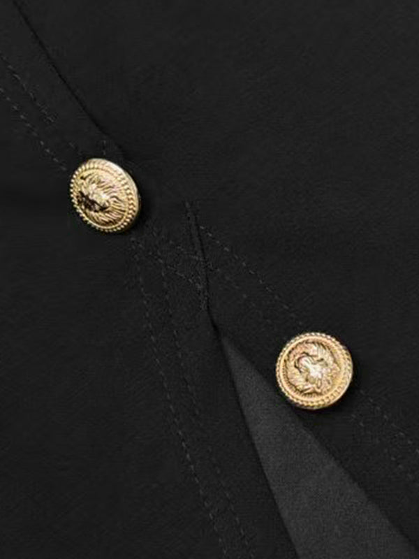 Maxi Dress with Loose Puff Sleeves, Button Detail, and Split-Side Mock Neck