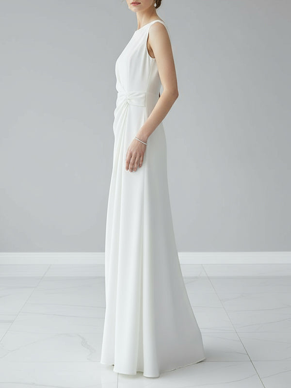 Sleeveless Pleated Gauze Maxi Dress with Round Neck and Split-Joint Design