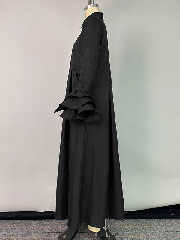 Maxi Shirt Dress with Flared Sleeves, Pleated Design, and Split-Joint Lapel in Solid Color