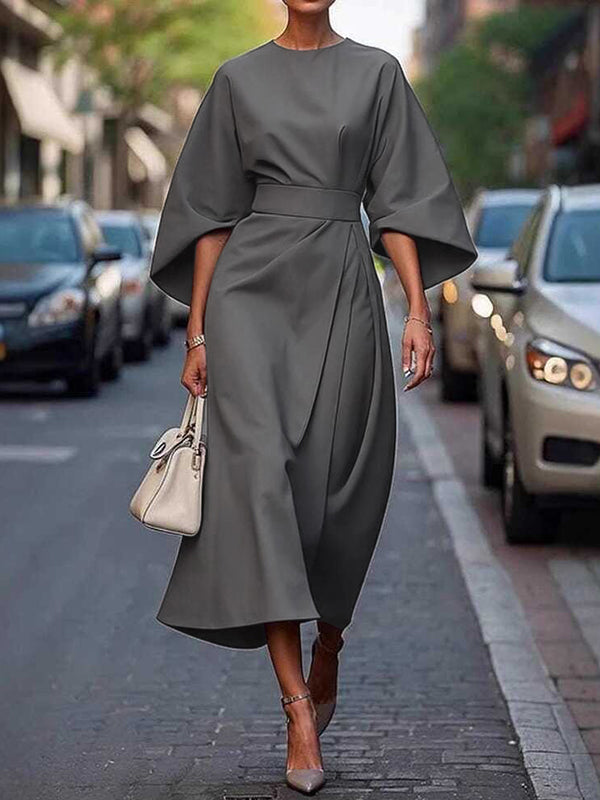 Pleated Midi Dress with Loose Puff Sleeves and Solid Color Split-Joint Round Neck