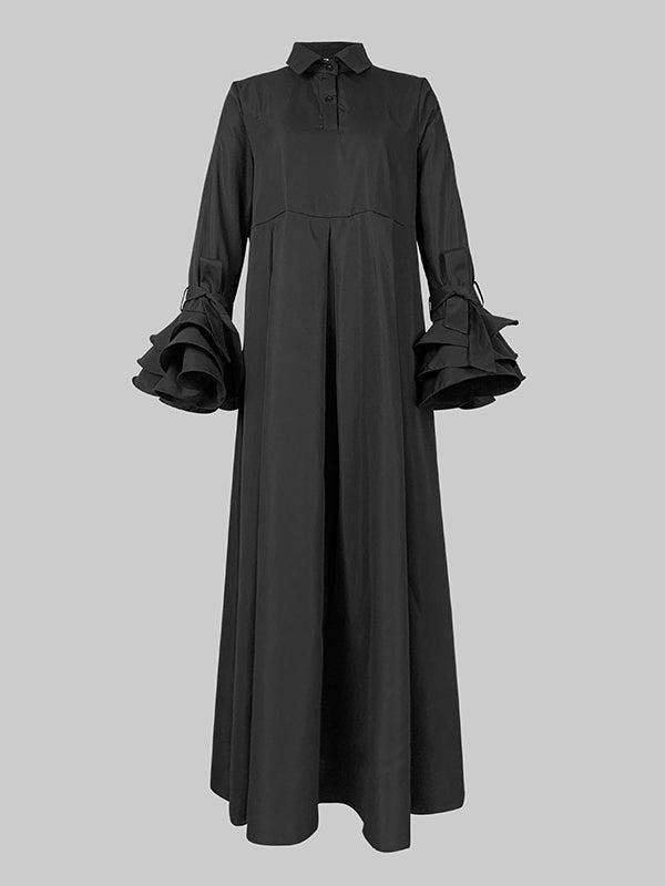 Maxi Shirt Dress with Flared Sleeves, Pleated Design, and Split-Joint Lapel in Solid Color
