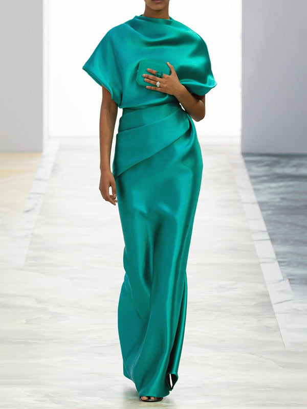 Flowy Solid Color Maxi Dress with Short Loose Sleeves and Pleated Design