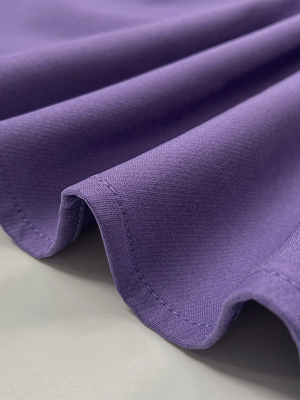 Pleated Midi Dress with Loose Puff Sleeves and Solid Color Split-Joint Round Neck