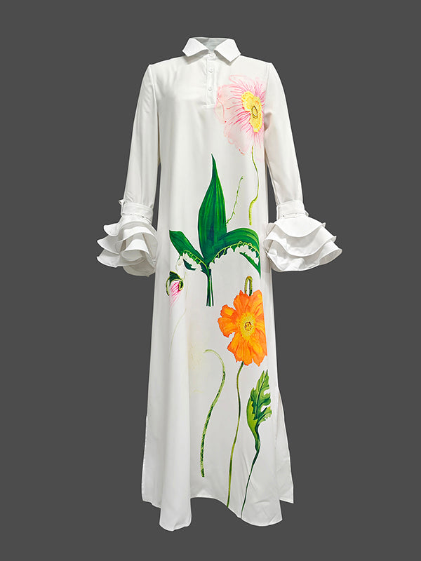 A-Line Flared Sleeves Floral Printed Split-Joint Split-Side Lapel Collar Maxi Dresses Shirt Dress