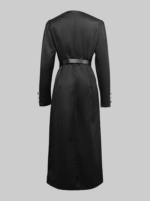 Long Sleeves Puff Sleeves Buttoned Solid Color Deep V-Neck Midi Dresses