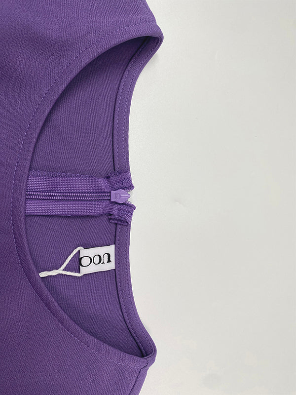 Pleated Midi Dress with Loose Puff Sleeves and Solid Color Split-Joint Round Neck