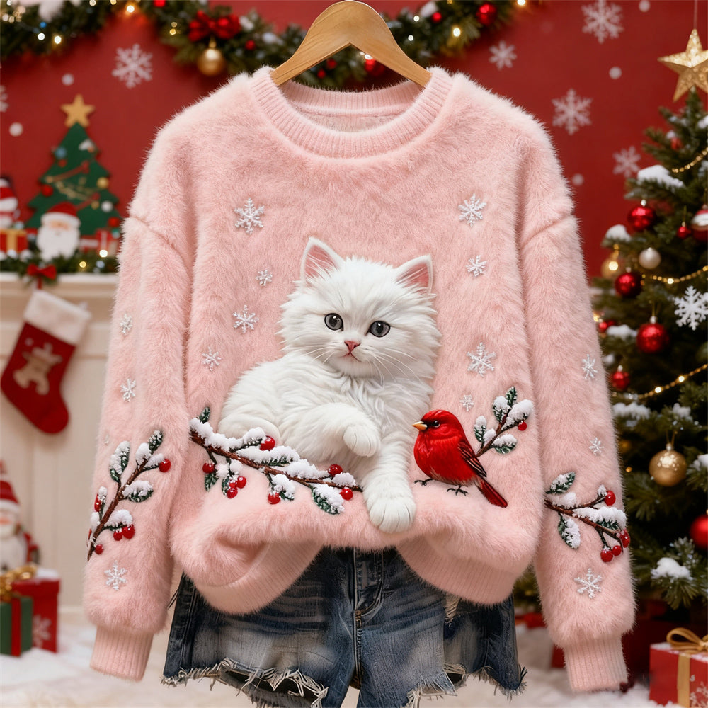 Tilly™ | Christmas Cat & Bird Art Women's Flannel Sweater