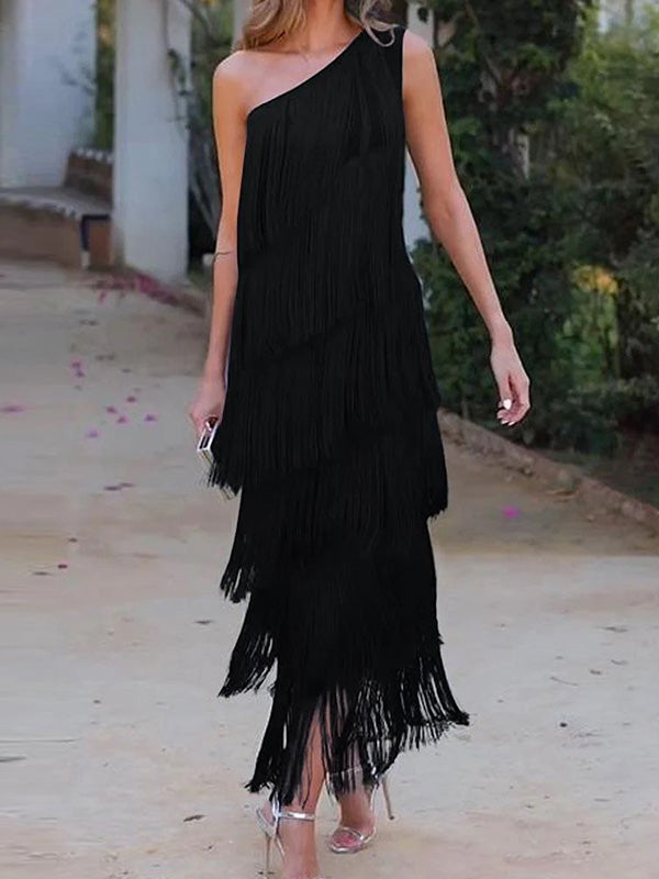 Loose Sleeveless Asymmetric Solid Color Split-Joint Tasseled One-Shoulder Maxi Dresses
