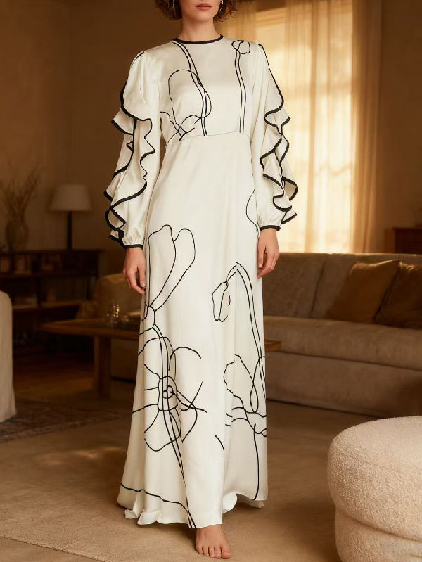 Loose Contrast Color Ruffle Flower Print Hollow Zipper Maxi Dresses