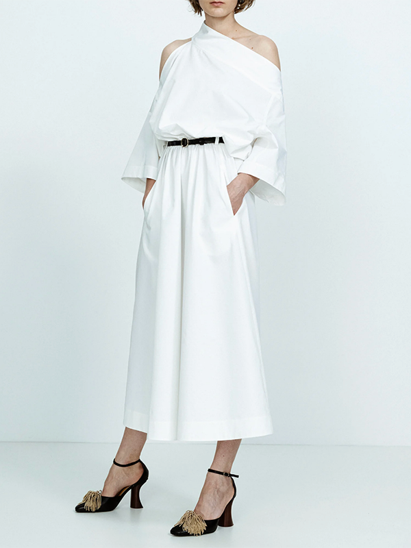 Long Sleeves Loose No Belt Solid Color Off-The-Shoulder Midi Dresses