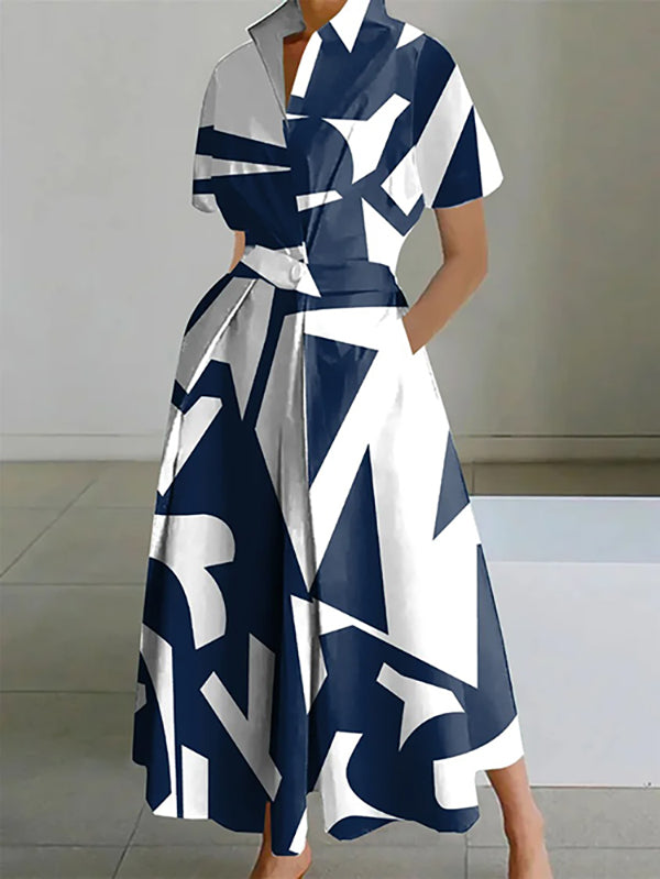 Printed Maxi Dress with Short Sleeves and Lapel Collar