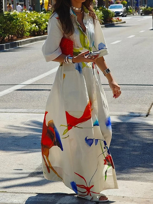 Half Sleeves Loose Asymmetric Printed Split-Joint Tied Waist Lapel Maxi Dresses Shirt Dress