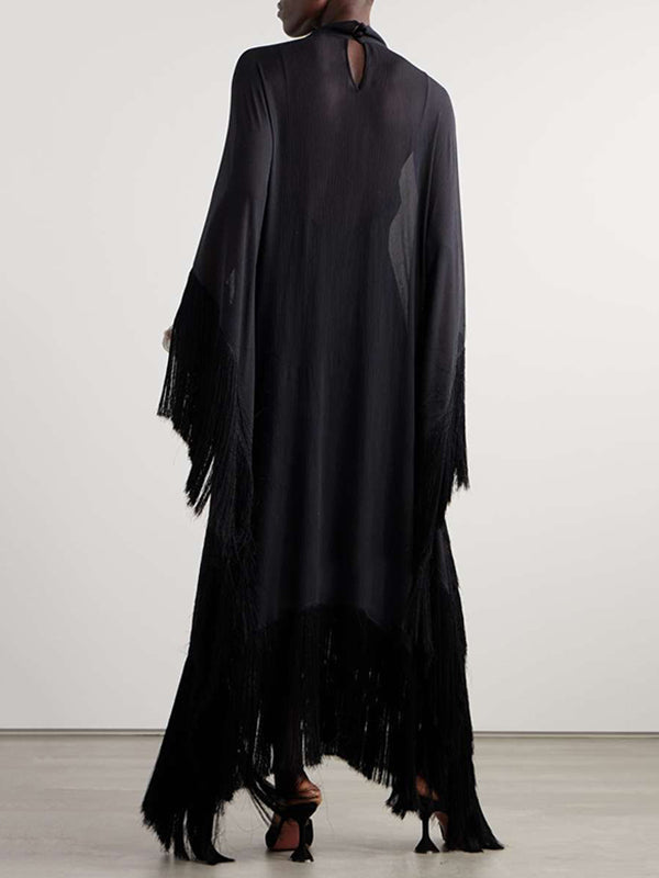 Loose-Fitting Maxi Dress with Batwing Sleeves, Sheer Fabric, Solid Color, and Tasseled Mock Neck