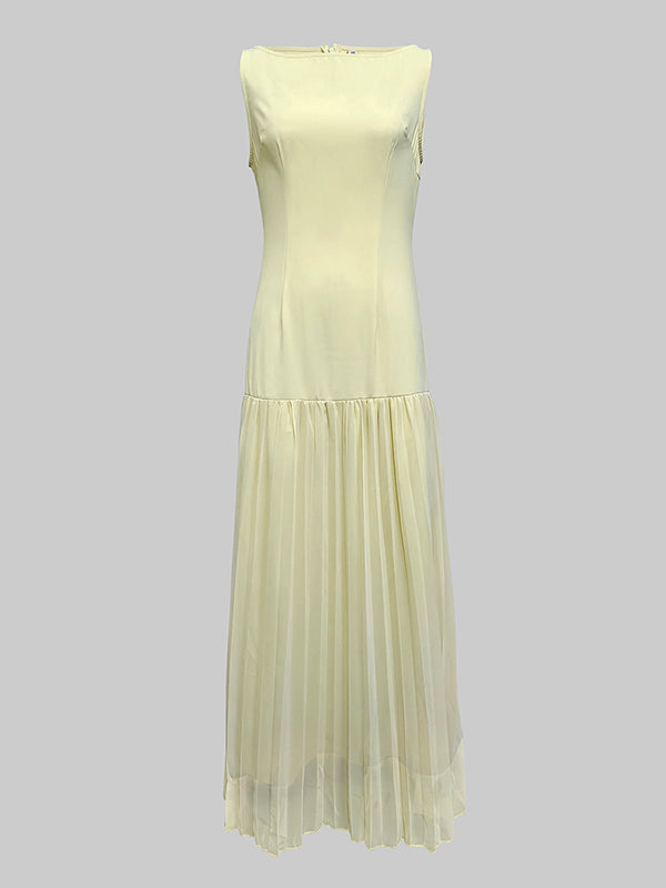 Sleeveless Pleated Gauze Maxi Dress with Boat Neck and Split Joint Design