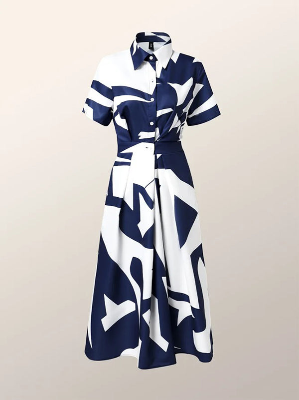 Printed Maxi Dress with Short Sleeves and Lapel Collar