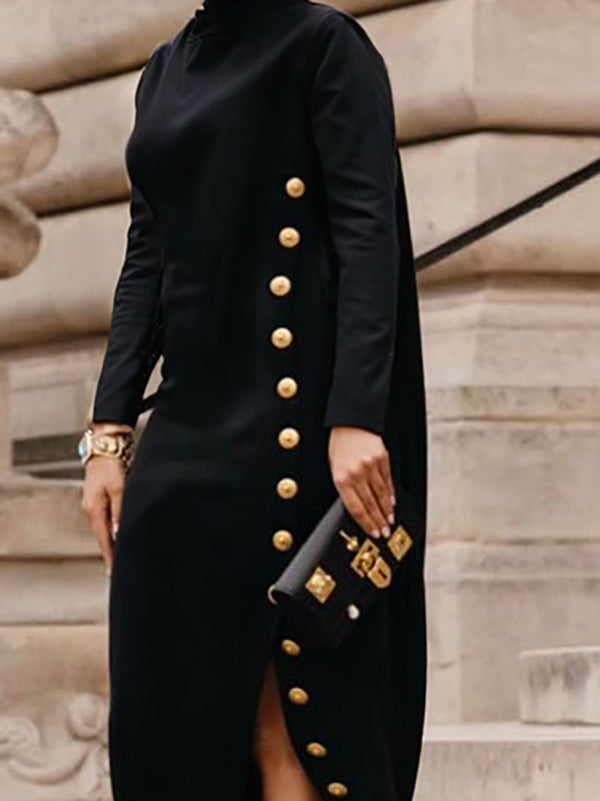 Long Sleeve Asymmetric Button-Up Mock Neck Maxi Dress with Side Slits