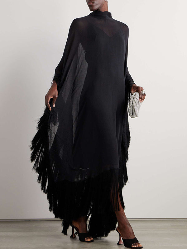 Loose-Fitting Maxi Dress with Batwing Sleeves, Sheer Fabric, Solid Color, and Tasseled Mock Neck