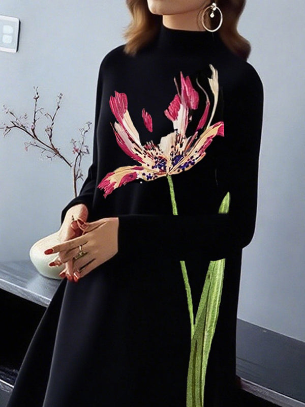 A-Line Long Sleeves Flower Print Pockets Mock Neck Midi Dresses