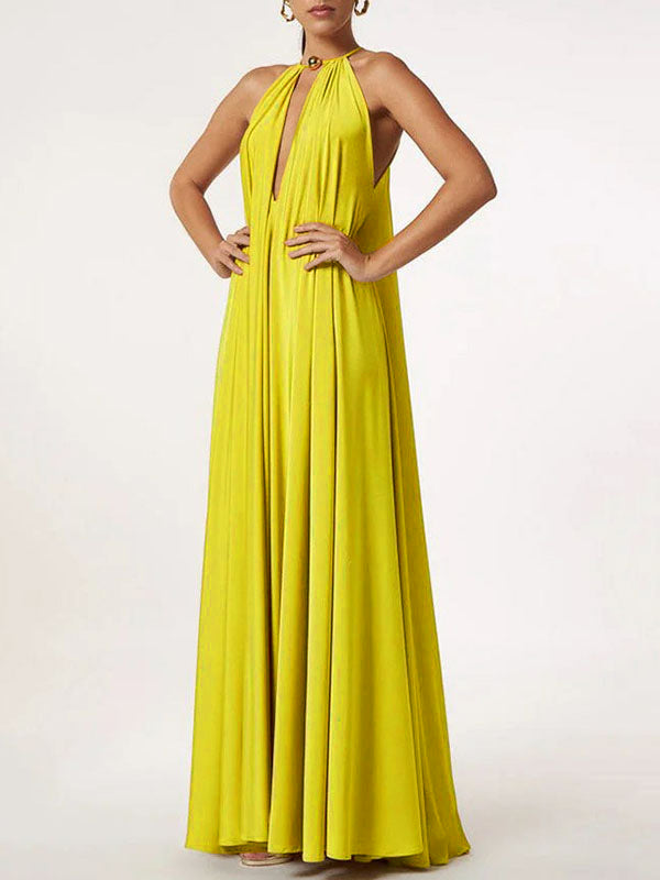 Sleeveless Solid Color Deep V-Neck Maxi Dresses