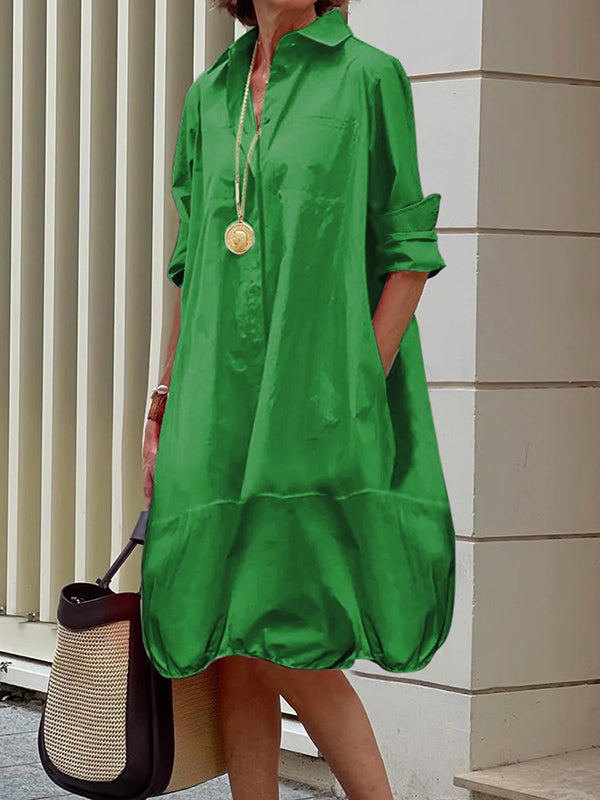Midi Shirt Dress with Long Sleeves and Lapel Collar in Solid Color