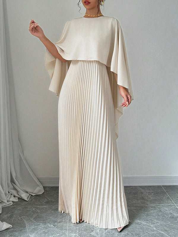 Maxi Evening Dress with Cape, High-Low Pleats, Solid Color, and Split Joint Round Neck