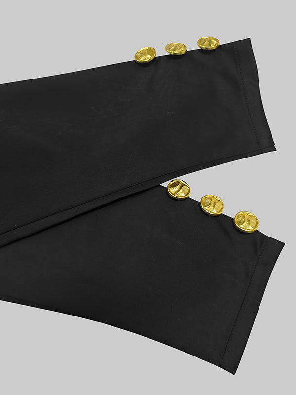 Long Sleeves Puff Sleeves Buttoned Solid Color Deep V-Neck Midi Dresses