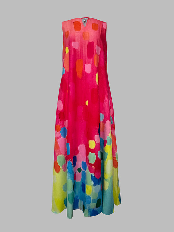 Loose Sleeveless Contrast Color Printed V-Neck Maxi Dresses