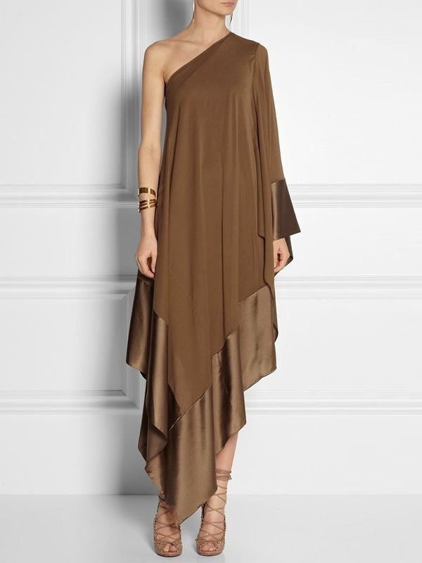 Asymmetrical One-Shoulder Maxi Dress with Loose Fit and Split Detail