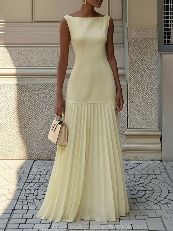 Sleeveless Gauze Pleated Solid Color Split-Joint Boat Neck Evening Dresses Maxi Dresses